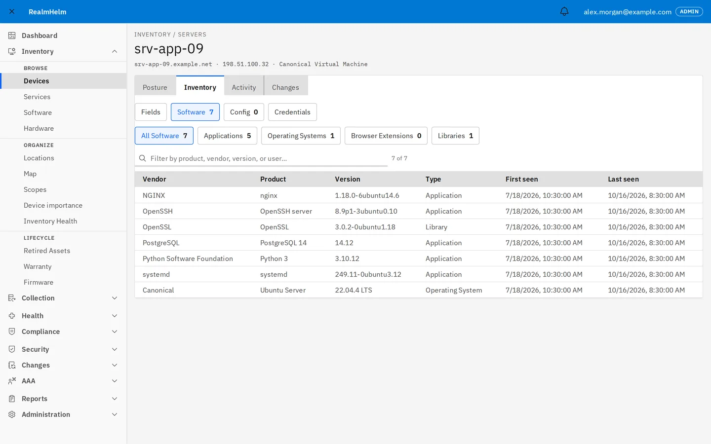 Software inventory for the Ubuntu server srv-app-09, with vendor, product, version, type and first and last seen dates.