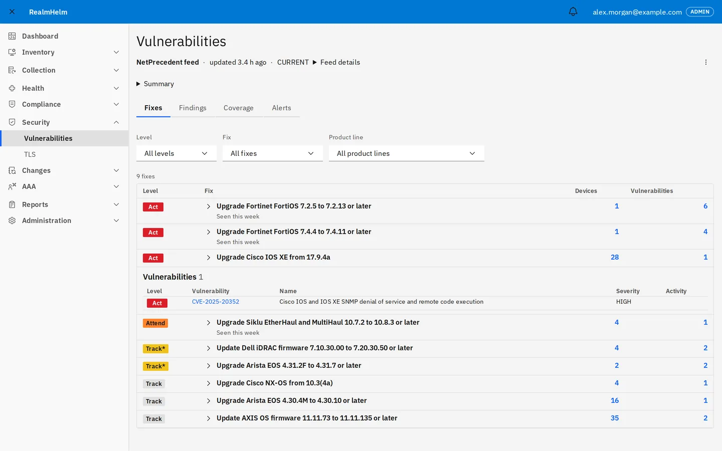 RealmHelm vulnerability fixes ranked Act, Attend and Track, with the number of affected devices and vulnerabilities for each fix.
