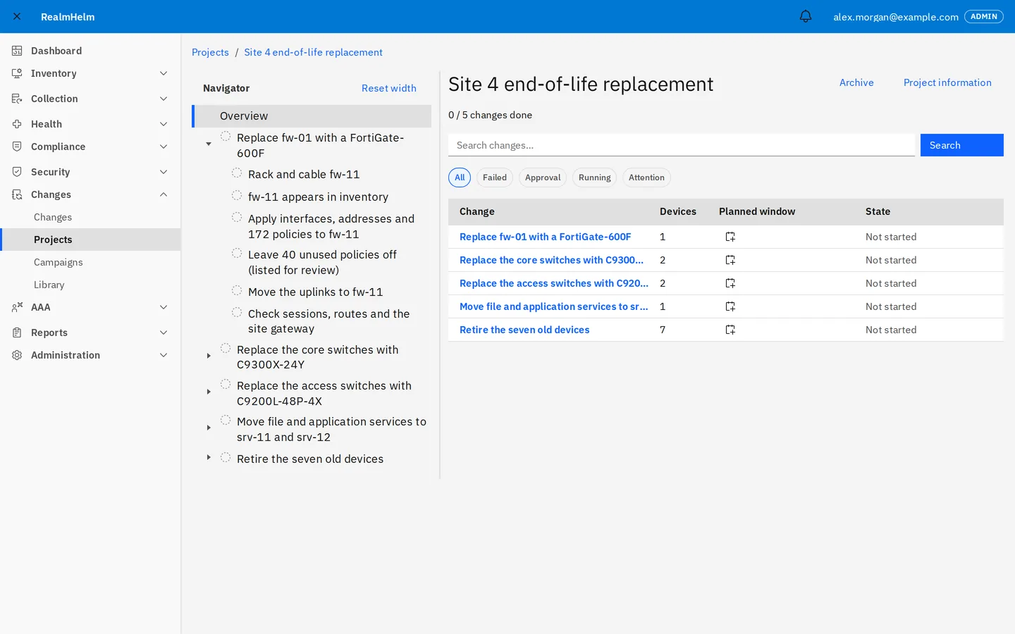 RealmHelm project Site 4 end-of-life replacement with five changes in order. The firewall change is open, showing its steps, including 172 policies to apply and 40 unused policies left off.
